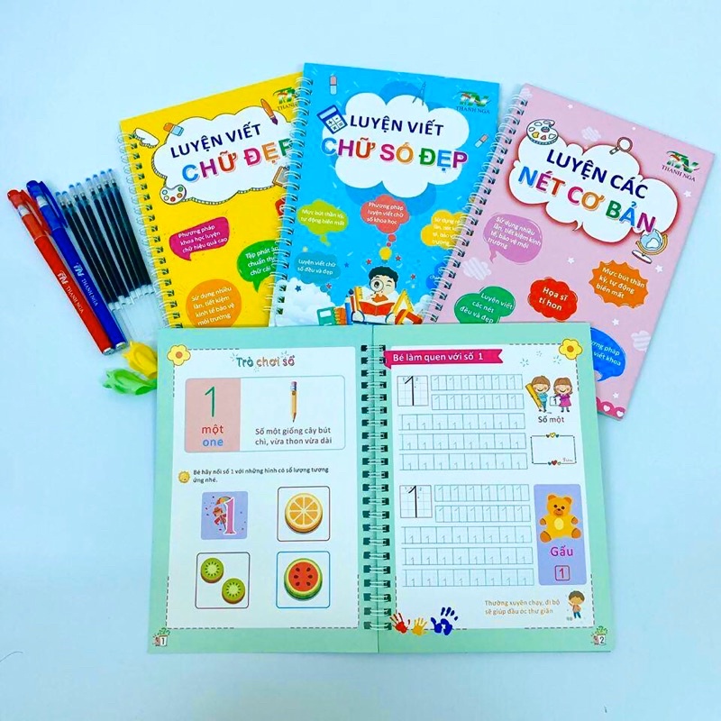 ▩Combo 3 quyển vở luyện viết chữ số đẹp thần kỳ - mực tự bay dùng mãi 😊😊Bộ tập chuẩn ngữ pháp Việt Nam