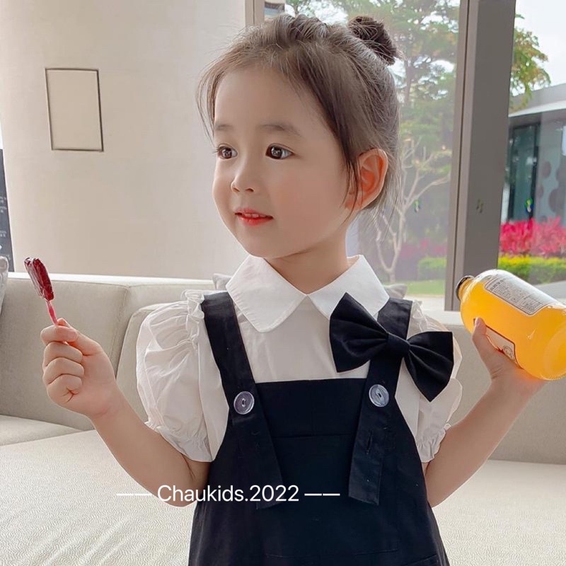 Set áo SMi tay bồng phối yếm kaki cho bé gái