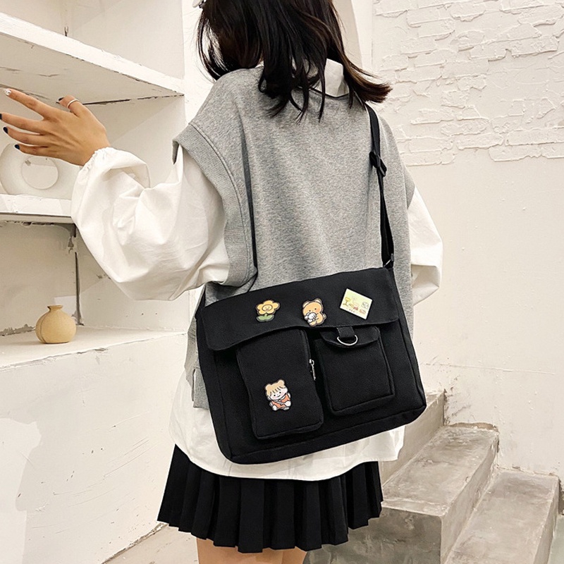 Túi Tote, Cặp Đeo Chéo Vải Canvas Học Sinh Cỡ Lớn Đeo Vai Đi Học Thời Trang Nam Nữ Thể Thao Hàn Quốc