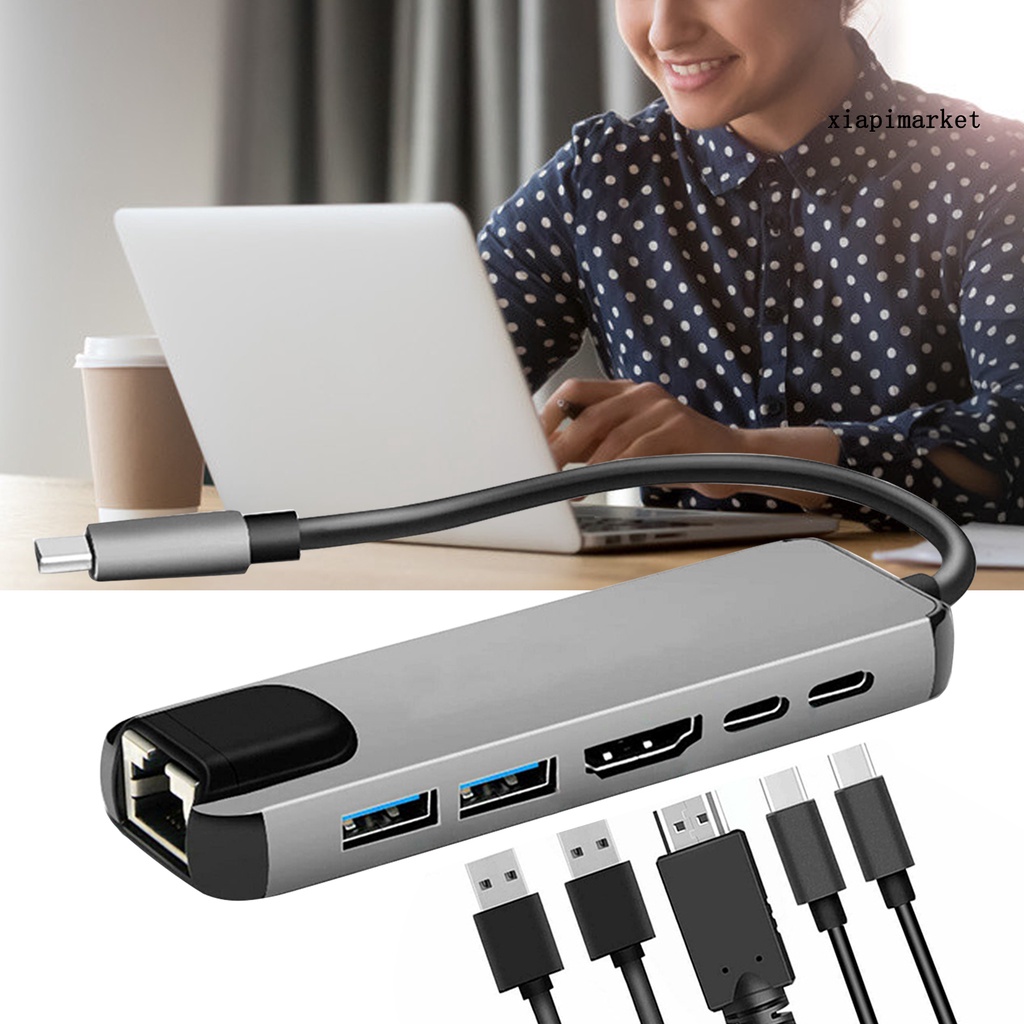 LOP_USB-C Hub Portable Multi-port 6-in-1 Type-C Adapter with 4K HDMI-compatible RJ45 Ethernet Lan for Nintendo Switch