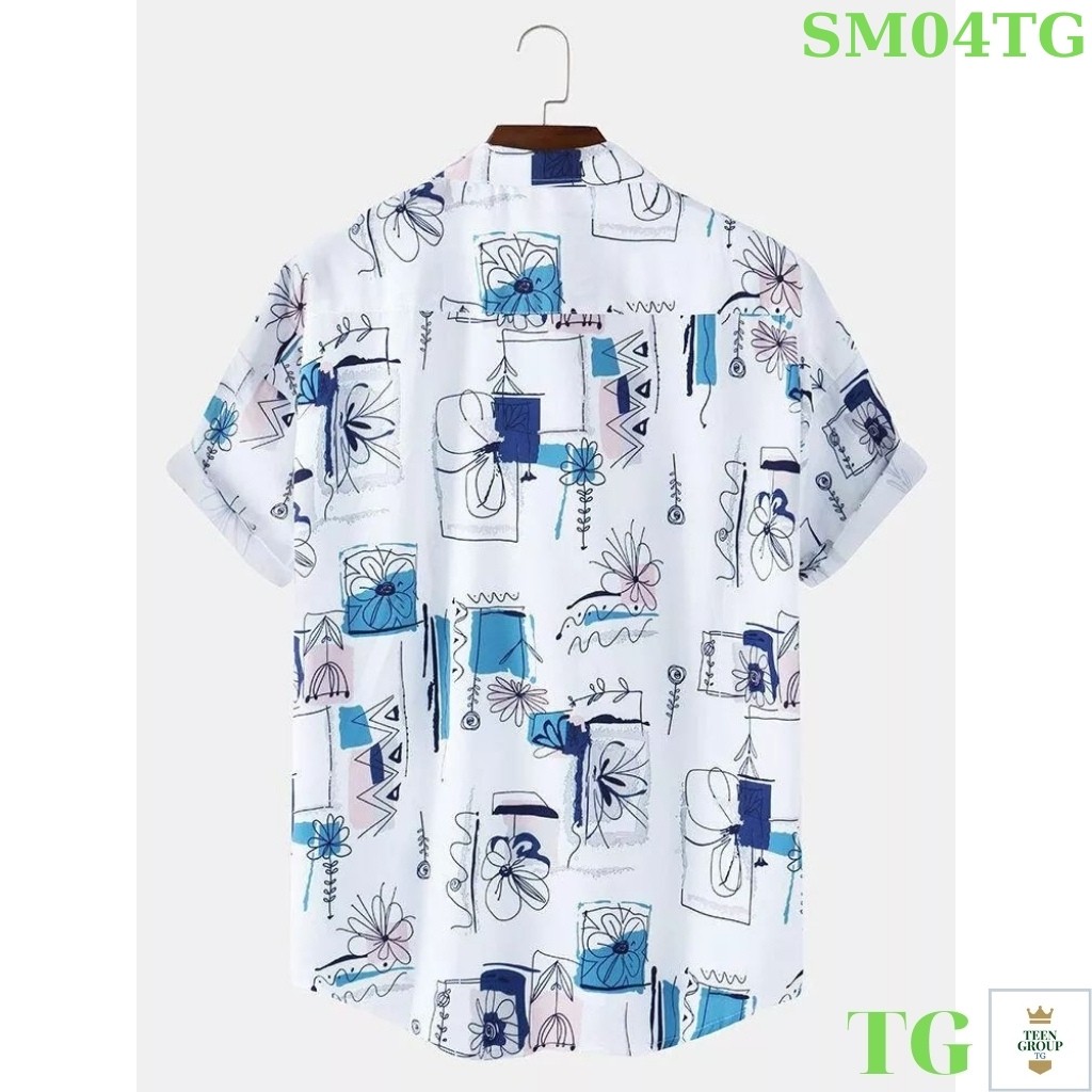 Áo sơ mi nam chất lụa tay ngắn hoạ tiết trắng hoa lá cá tính TENJI  SM04TJ 6 (44 - 72KG)