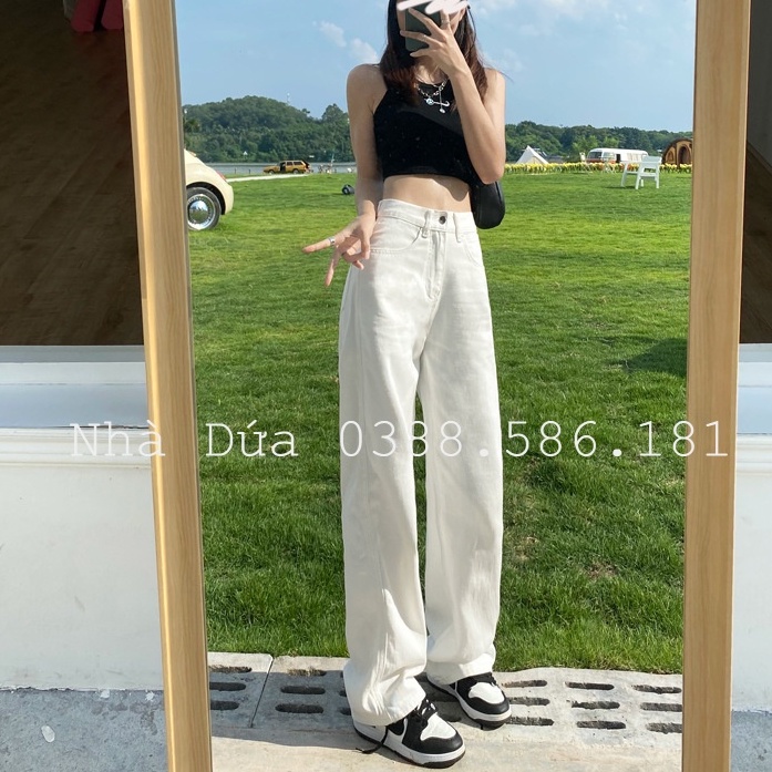 Quần jean nữ ống suông màu trắng phong cách Hàn Quốc đơn giản mặc đi học đi chơi đi làm - quần bò nữ xuông Nhà Dứa