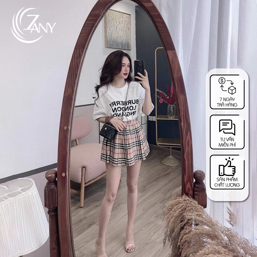 Set Áo Thun Kèm Chân Váy Xếp ZANY Chất Vải Kate Hoạ Tiết Sọc Caro Nữ Tính
