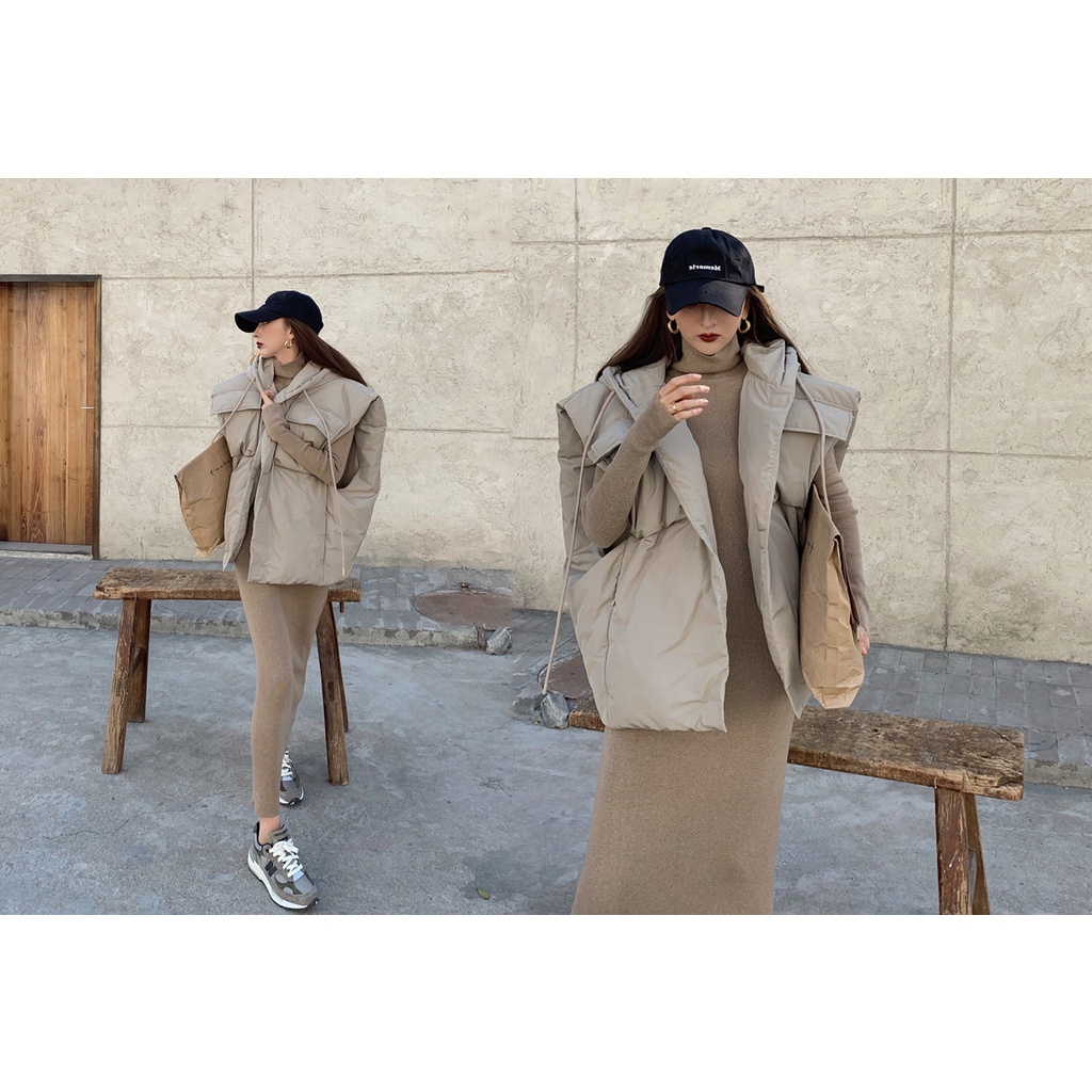 Áo khoác cotton không tay có mũ trùm đầu cổ đứng dáng rộng/Đầm dài dệt kim phong cách Hàn Quốc thời trang