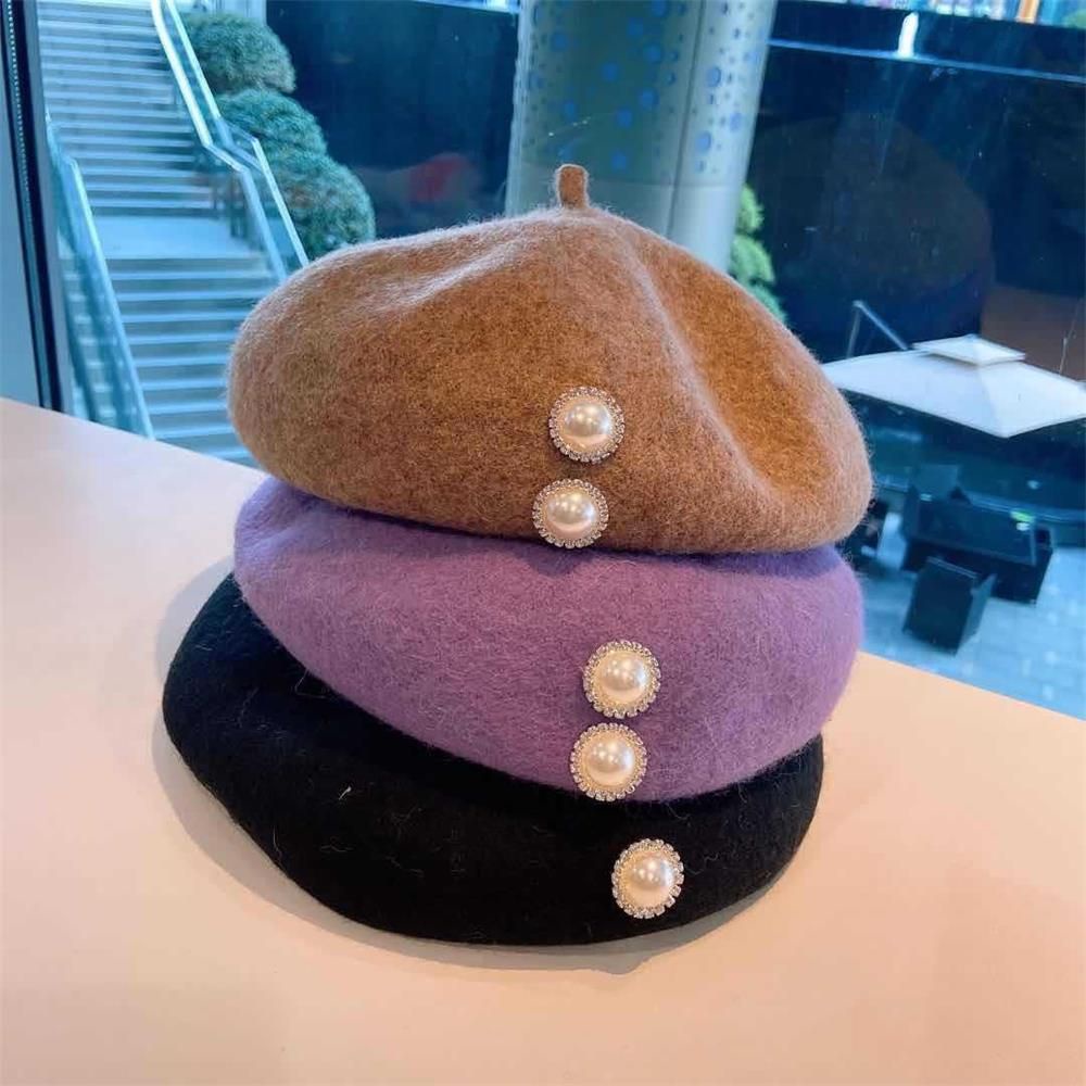 Mũ Nồi Vải Len Màu Trơn Đính Ngọc Trai Thời Trang Thu Đông Cho Nữ