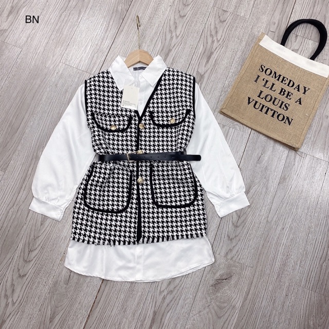 S522 Set đồ thu đông nữ, Áo gile caro chạy viền đen cá tính, phối vây sơ mi dáng dài