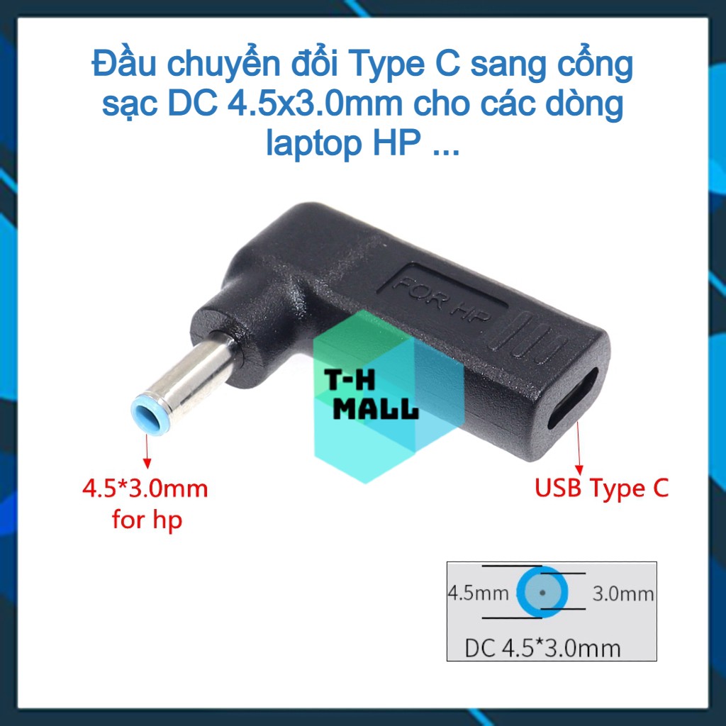 Đầu sạc chuyển đổi cổng USB Type C sang nguồn điện DC 4.5x3.0mm / 4.5*3.0mm chuyên dụng cho laptop Dell HP