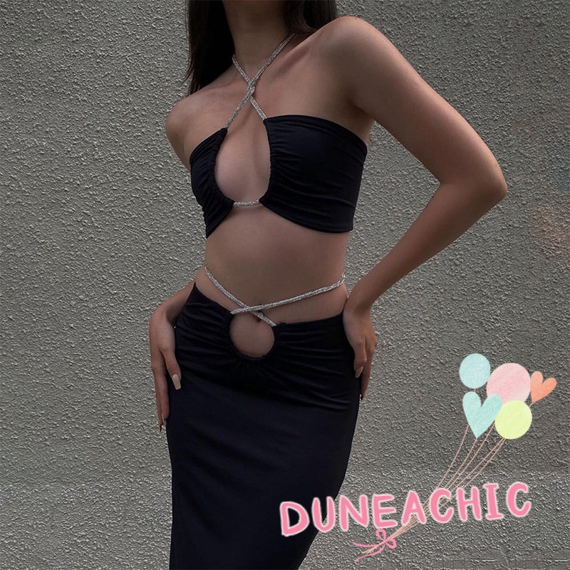 DUNEA Set Áo Tank Top Trễ Vai Phối Chân Váy Cột Dây Thời Trang Trẻ Trung Cho Nữ