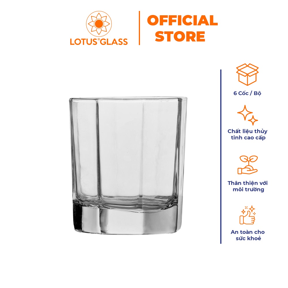 Bộ 6 cốc 8 cạnh thủy tinh LOTUS GLASS VTC252 trong suốt cao cấp, an toàn, dùng để uống nước, rượu whiskey