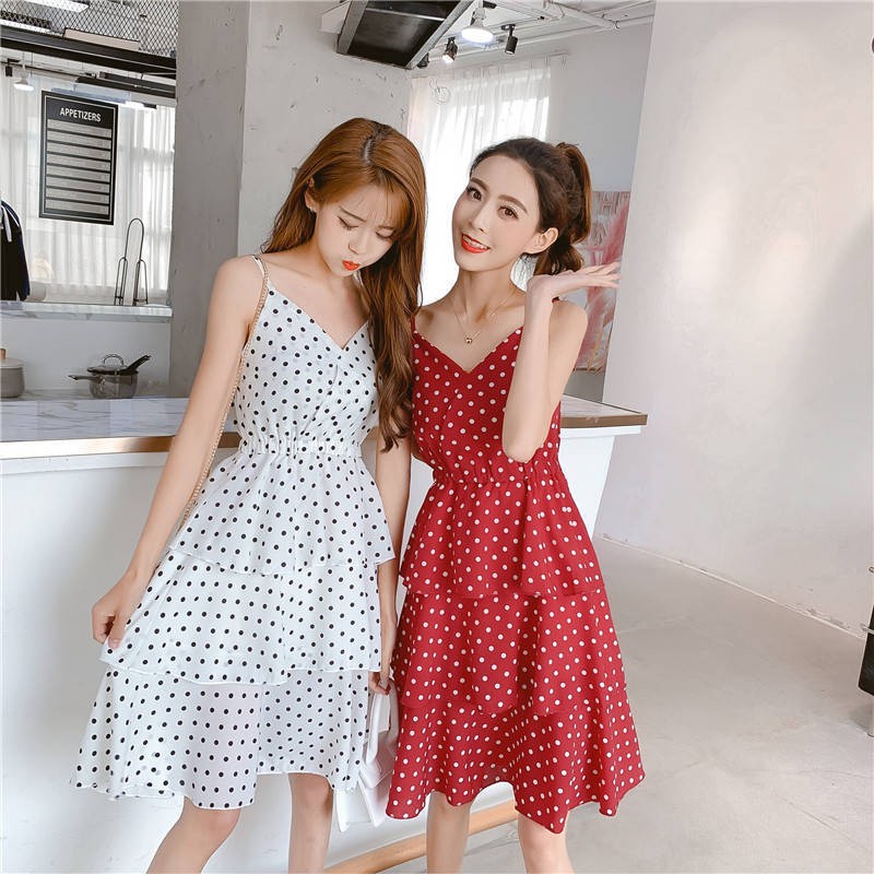 Chân Váy Chiffon Dài Nhiều Tầng Họa Tiết Chấm Bi Màu Trắng Đen Thời Trang Xuân Hè Chất Lượng Cao