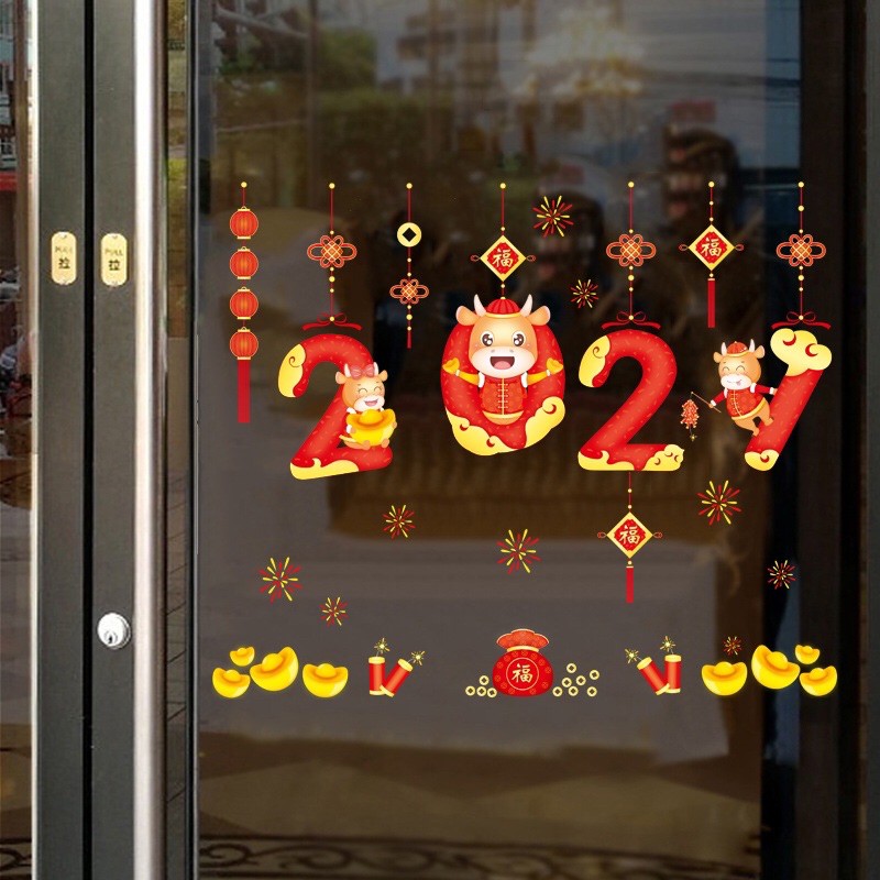 Decal trang trí Tết Hít Tĩnh Điện - 2021 Trâu vàng chào xuân