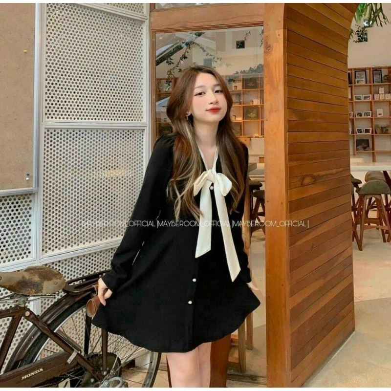 🛑Free ship🛑Đầm Đen Dài tay buộc nơ trắng phối nút đẹp tuyệt vời