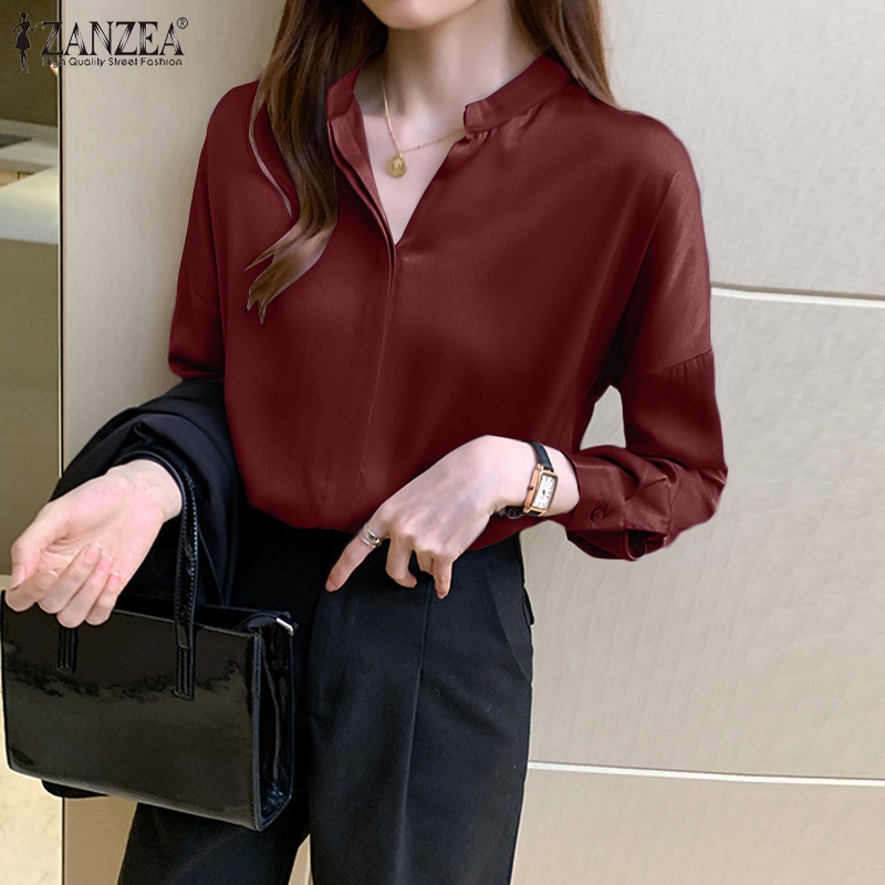 Áo kiểu ZANZEA có ve áo và nút gài tay dài màu trơn đơn giản thời trang phong cách Hàn Quốc cho nữ