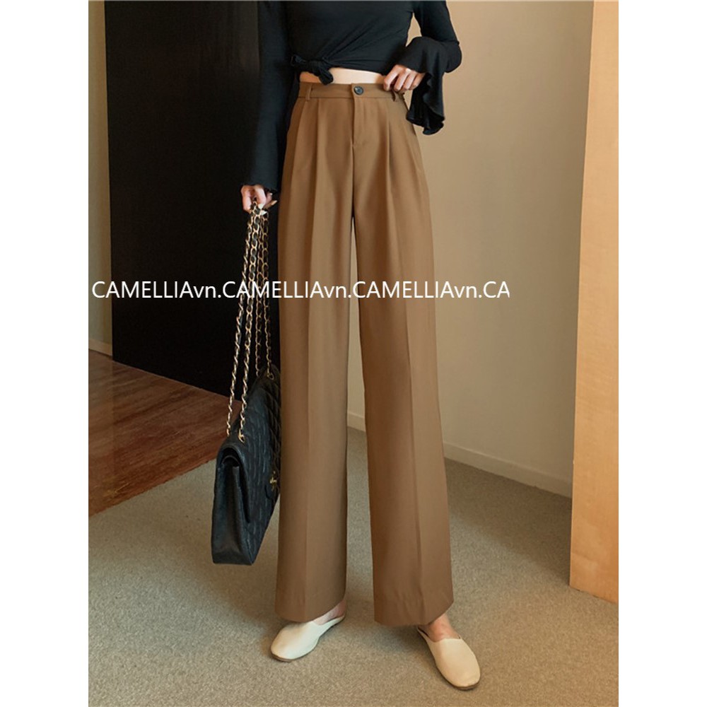 quần suông ống rộng cạp cao nâu/đen style Hàn Quốc