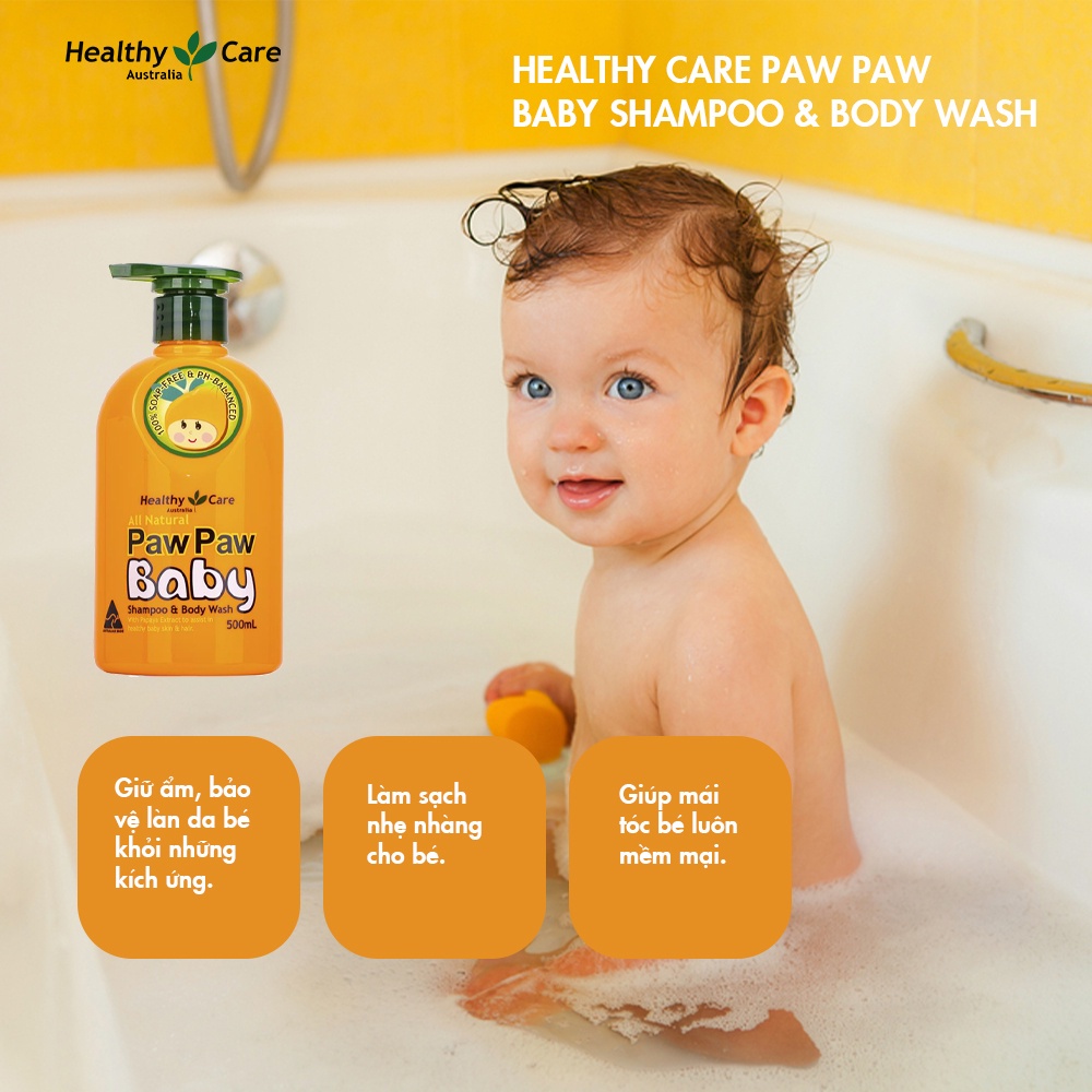 Combo 2 lọ Sữa tắm gội Healthy Care Paw Paw Baby cho bé lành tính chiết xuất đu đủ làm sạch da an toàn