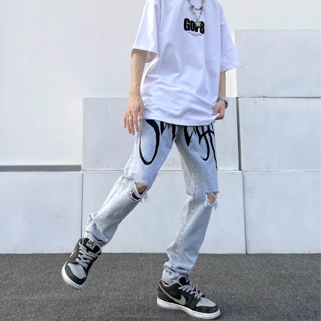 Quần Jeans Hip-Hop Đường Phố Dáng Rộng Thêu Chữ Màu Sắc Sáng Màu Nhạt Phong Cách Âu Mỹ Cho Nam