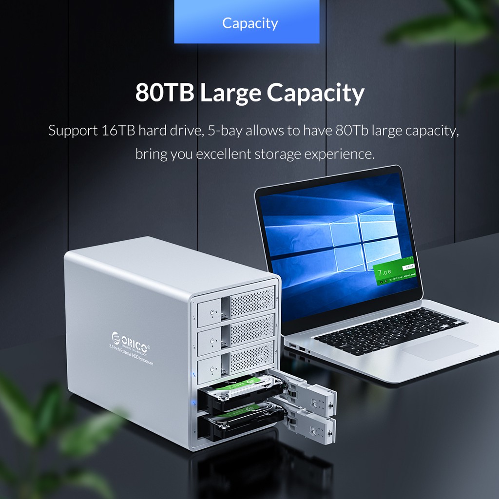Hộp Đựng Ổ Cứng Rời ORICO 5 Bay USB 3.0 SATA Cho 2.5 / 3.5 inch HDD SSD Hỗ Trợ 80TB (5X16Tb) 150W Chip Kép (9558U3)