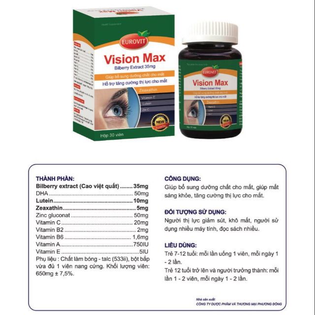 Viên Uống Bổ Mắt, Thực Phẩm Chức Năng Tăng Cường Thị Lực Vision Max Hộp 30v - TP087