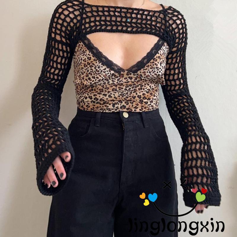 Áo Croptop Dệt Kim Tay Dài Phong Cách Vintage Thời Trang 2000s Linglongxi2-y2k