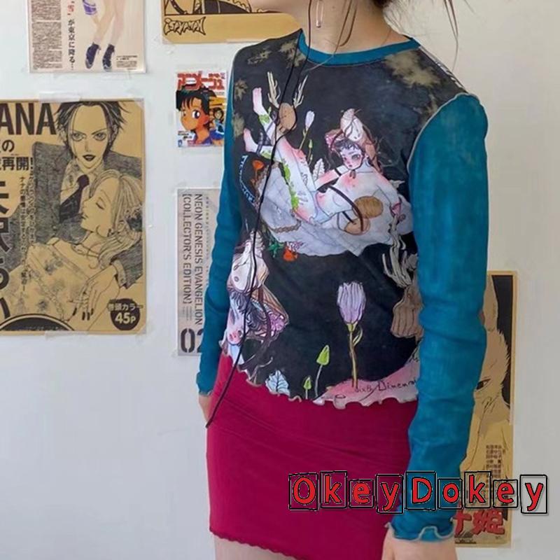 Áo Thun Tay Dài Y2K Cổ Tròn In Họa Tiết Màu Sắc Tương Phản Siêu Mỏng Thời Trang Đường Phố Cho Nữ