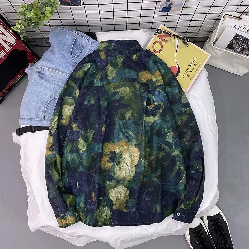 Áo sơ mi dài tay dáng rộng thời trang in tranh sơn dầu phong cách Hàn Quốc