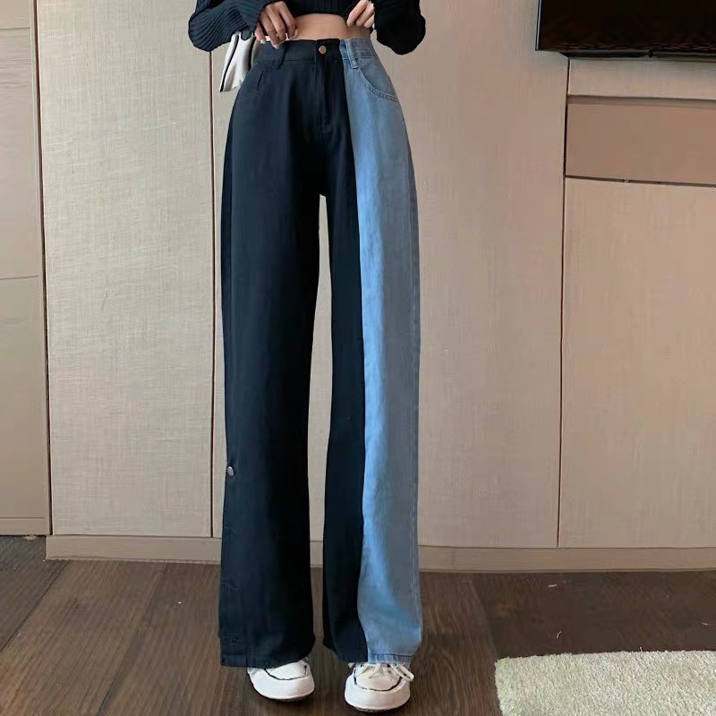Quần jeans nữ phối màu đen xanh ống suông sẻ tà đính cúc cạp cao phong cách hàn quốc năm 2022