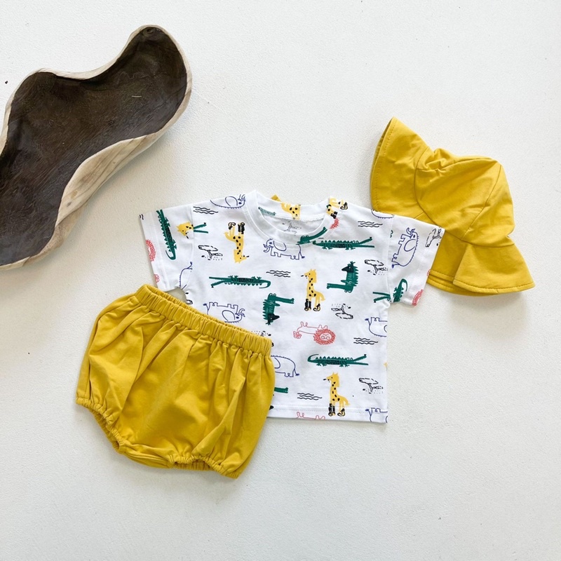 Bộ cộc tay cho bé trai bé gái , set quần áo hè trẻ em 4kg - 15kg kèm mũ chống nắng cho bé yêu