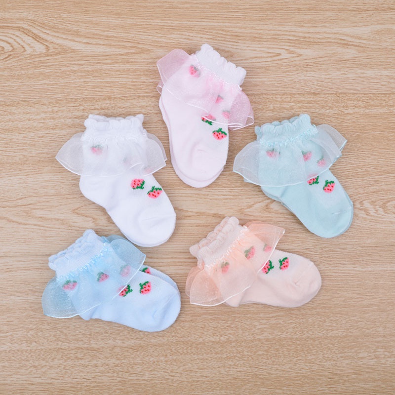 Vớ Cotton Phối Ren Thoáng Khí Họa Tiết Dâu Tây Màu Hồng Dễ Thương Thời Trang Mùa Hè Cho Bé Gái 0-9 Tuổi