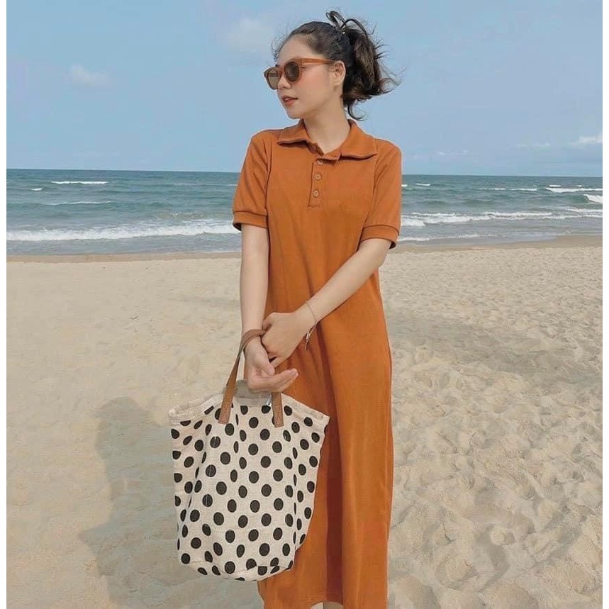 Đầm Maxi Cài Cúc Cổ Bẻ Tay Cộc Cam Đen - Váy Nữ Polo Dáng Dài