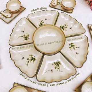 SET BÁT ĐĨA HOA MẶT TRỜI VẼ ĐÀO CHUỒN ( tặng kèm 6 bát cơm và 2 bát chấm )