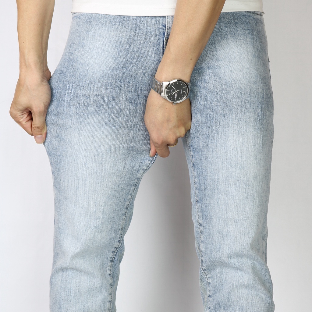 Quần Jean Nam Xanh Bạc Nhạt Vải Jeans Cao Cao Không Ra Màu Dày Co Giãn Tốt Dáng Slimfit _ X0163