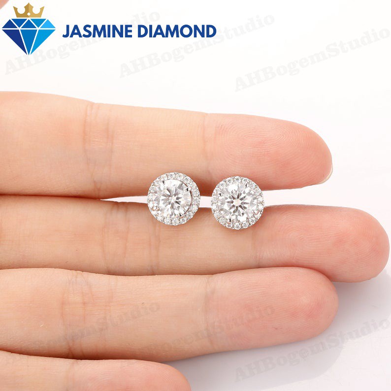 Bông tai kim cương nhân tạo Moissanite Halo bạc xi bạch kim sang trọng - Mẫu số 3