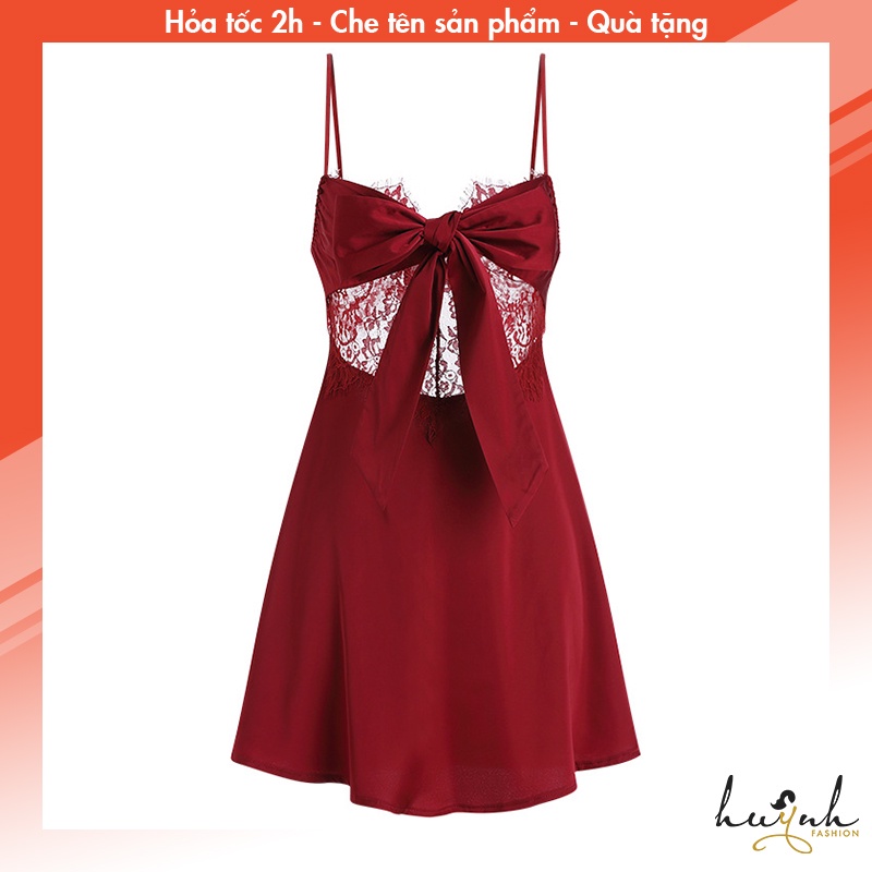 Đầm Ngủ Hai Dây Lụa Phối Ren và Nơ, Váy Ngủ Hở Lưng Cao Cấp GUIRUO (tặng kèm quần chip) - N66