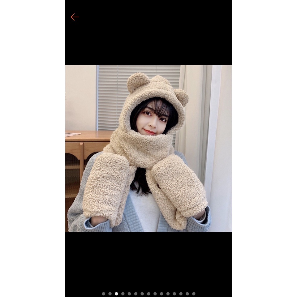 Mũ Lông Cừu kèm khăn 3in1 - Mũ tai gấu liền khăn và găng tay