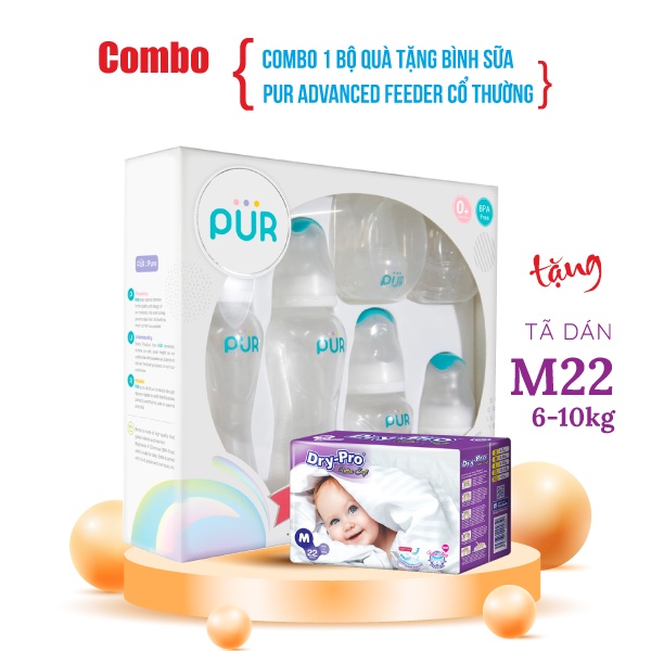 Bộ quà tặng Bình sữa Pur Advanced Feeder cổ thường  60ml, 125ml, 250ml + Tặng 1 gói tã bỉm cho bé