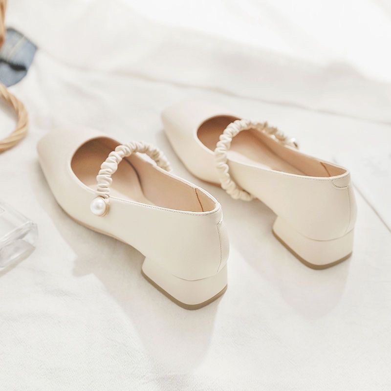 Giày búp bê nữ cao gót 3 phân đế vuông phối quai ngọc dáng vintage