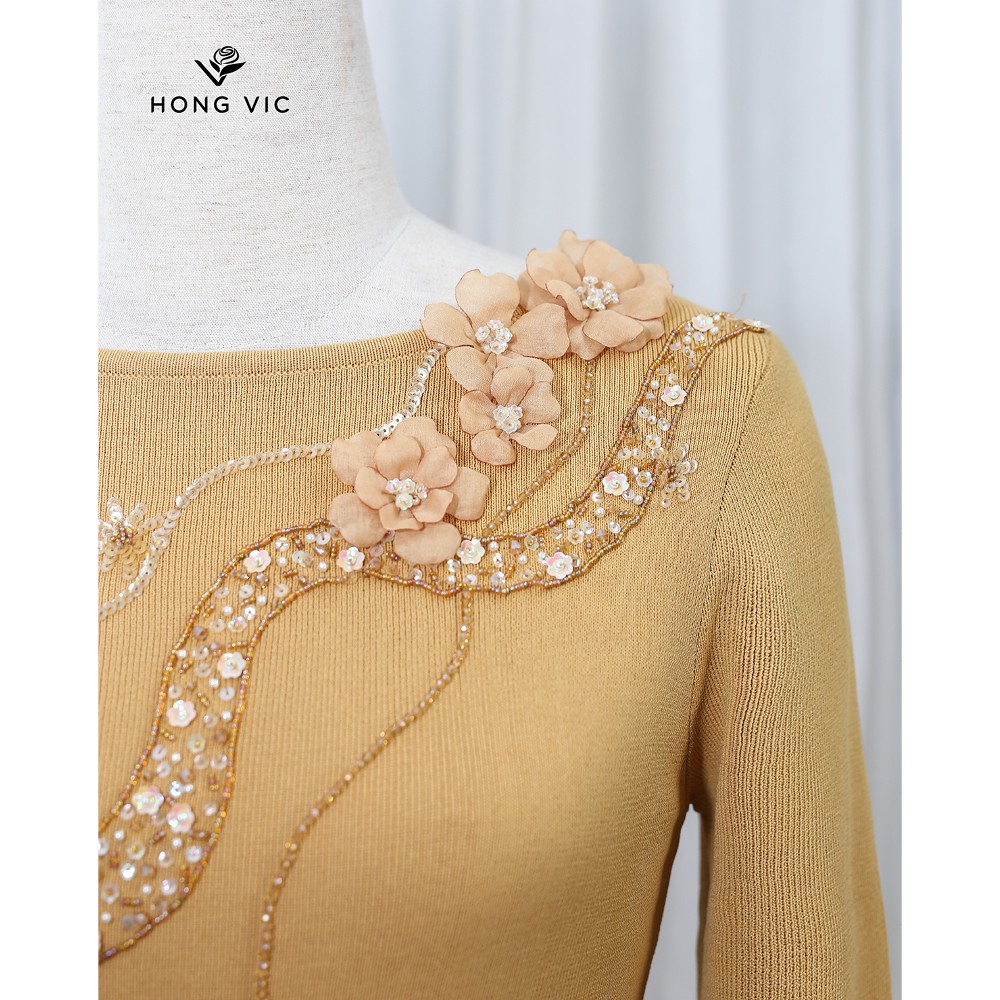 Áo nữ thiết kế Hongvic len vàng kem xẻ tà AL16