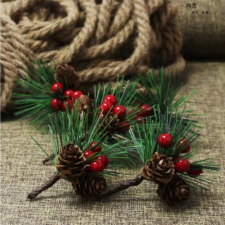 Set 3 Nhánh Thông Kim Đính Quả Đỏ Trang Trí Noel Giáng Sinh