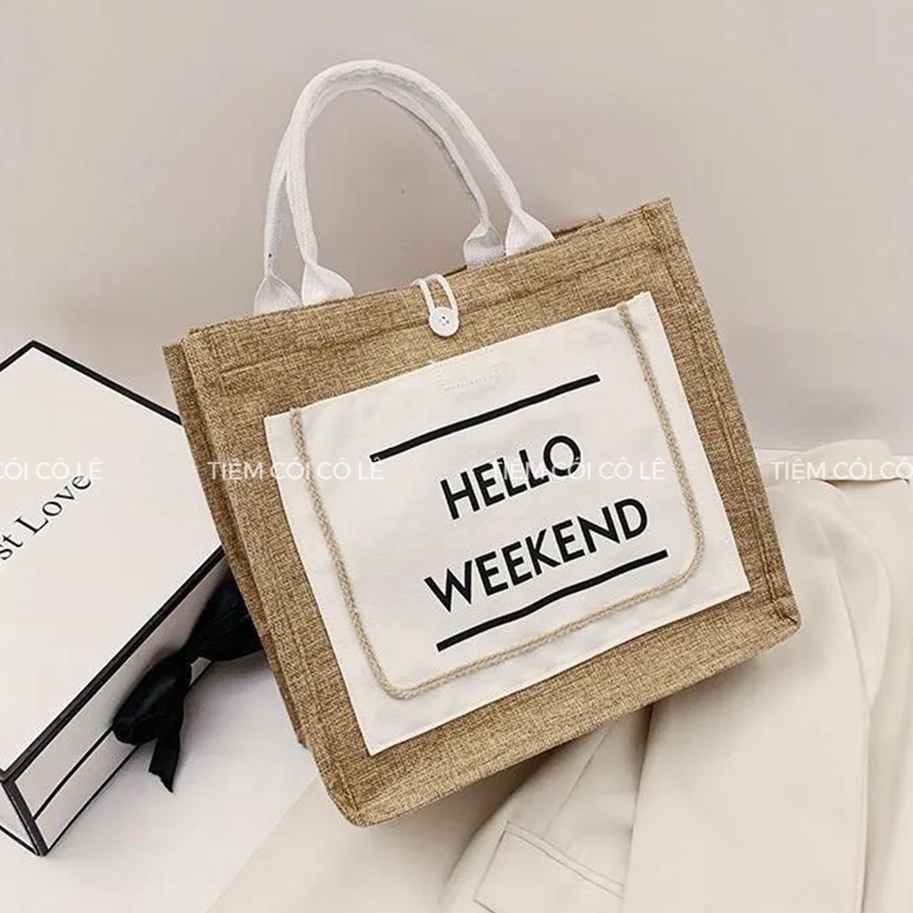 Túi cói đi biển Hello Weekend kiểu dáng basic trẻ trung, dễ dùng - Tiệm Cói Cô Lê