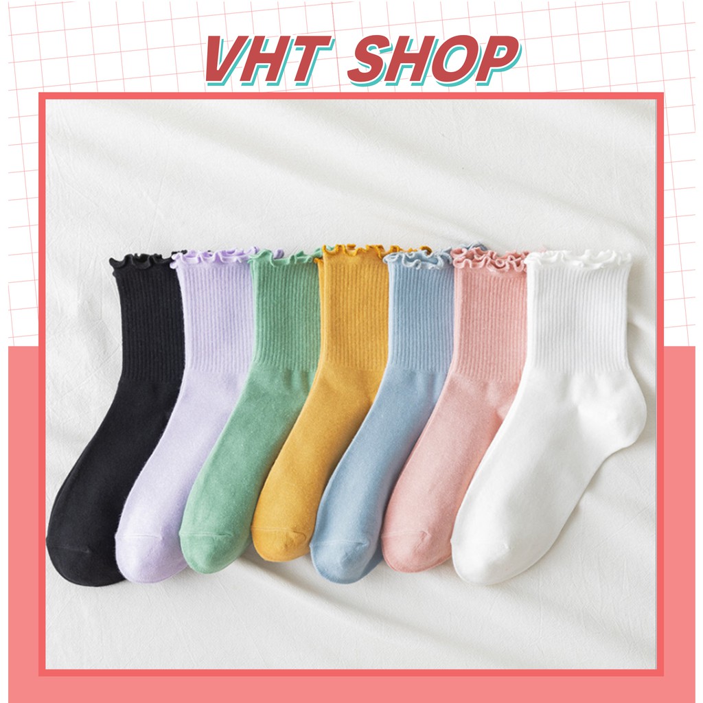 Tất cổ cao nữ bèo nhún, vớ bèo nhún nữ cổ cao màu trơn basic thời trang Vintage Hàn Quốc TC39 - VHT SHOP