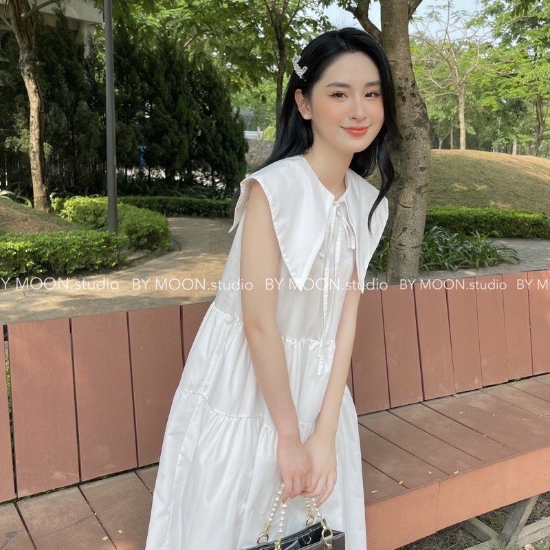 Đầm bầu babydoll cổ nhọn thắt nơ  tkutrang -  váy bầu tiểu thư dáng xòe 2 màu siêu xinh