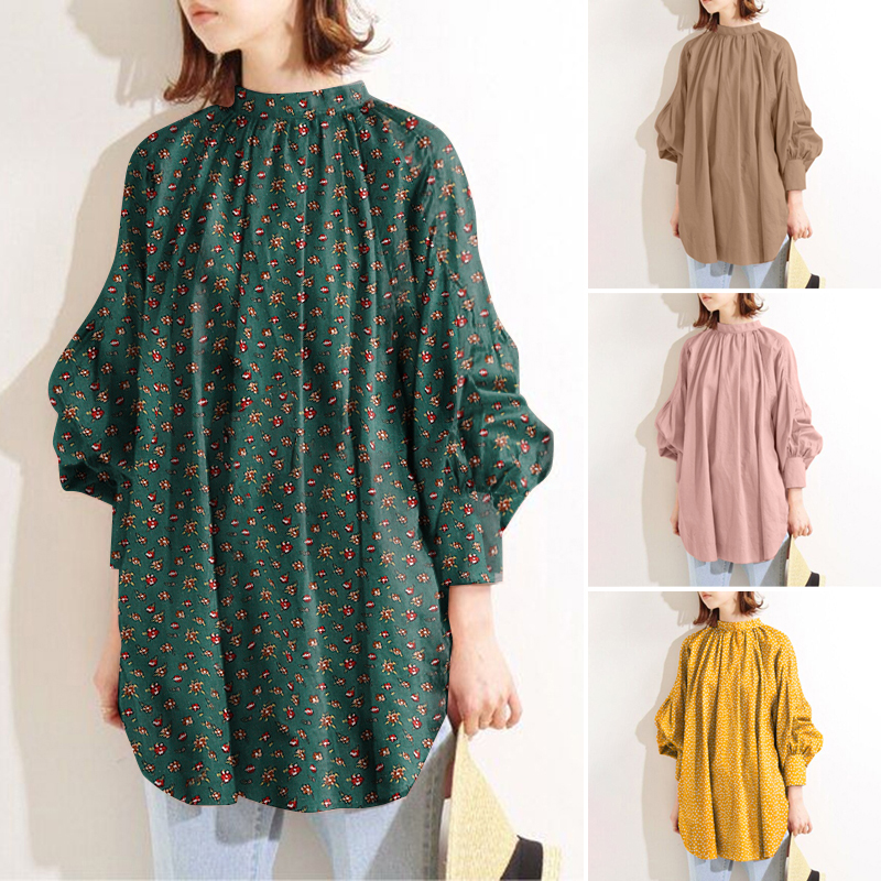 ZANZEA Women Stand Collar Printed Long Puff Sleeve Loose Blouse | BigBuy360 - bigbuy360.vn