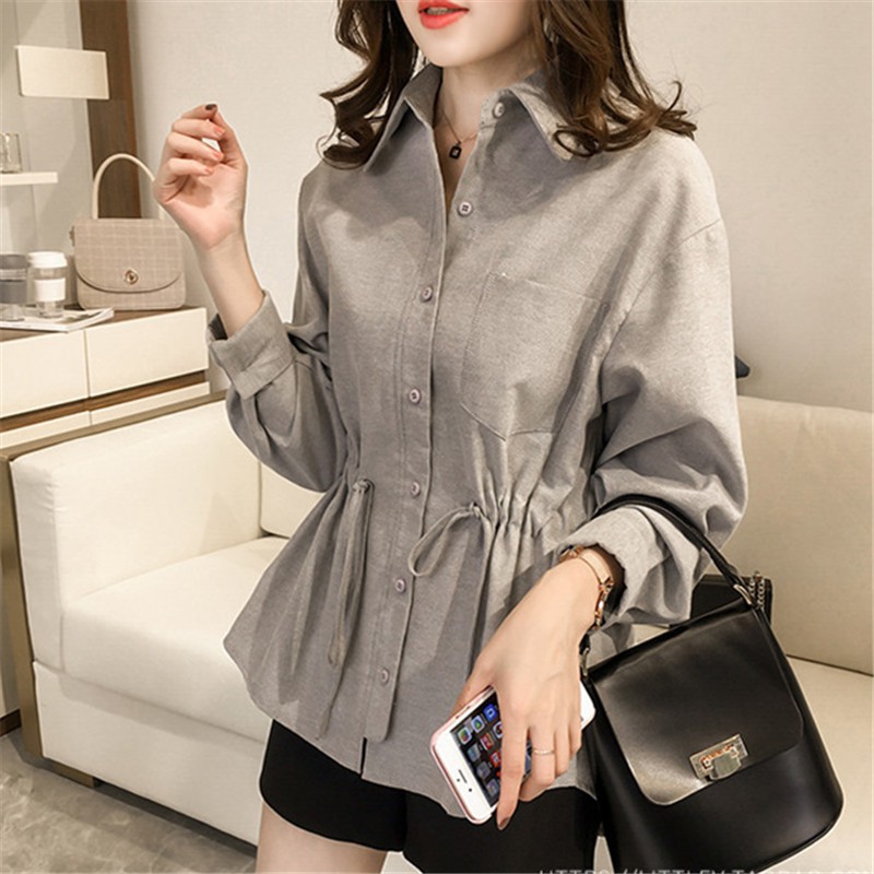 Áo sơ mi tay dài màu trơn phong cách Hàn Quốc xinh xắn dành cho nữ