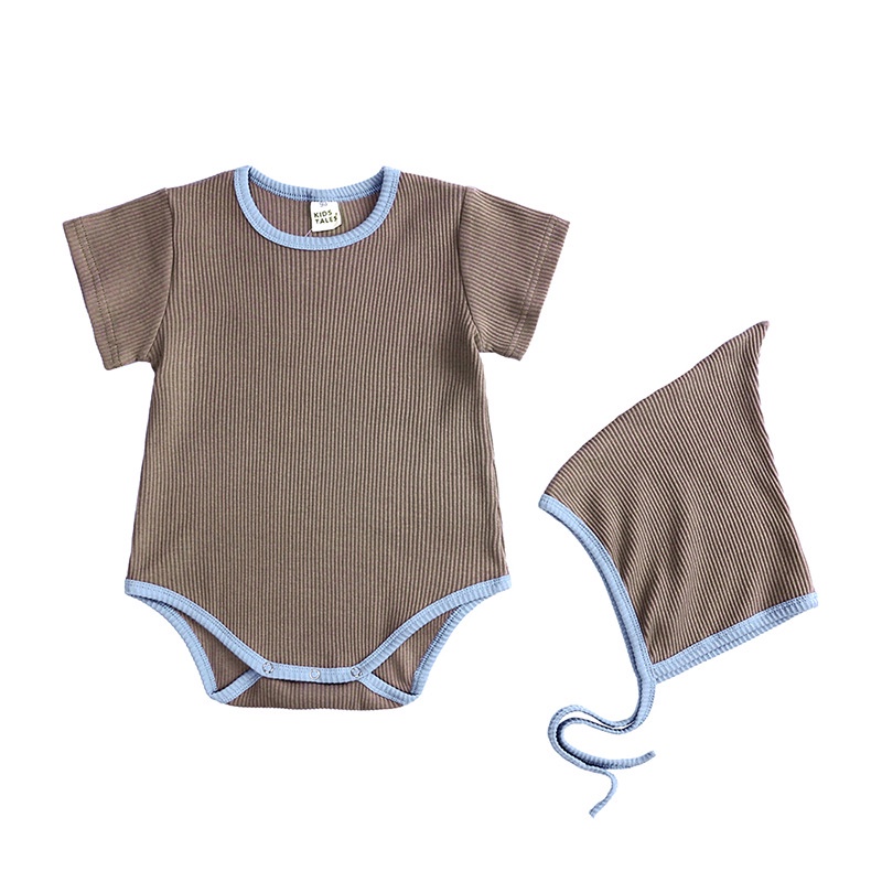 Bộ Áo Liền Quần Cotton Ngắn Tay + Mũ Thời Trang Hàn Quốc Cho Bé Sơ Sinh
