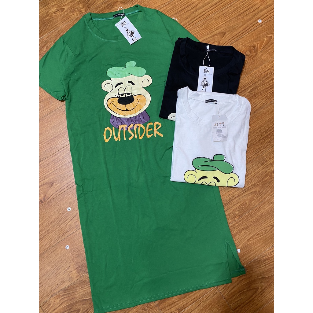 Đầm suông chất cotton cổ tròn in hoạ tiết outside freesize dáng dài - Đầm ngủ thun co dãn from rộng hình chú gấu
