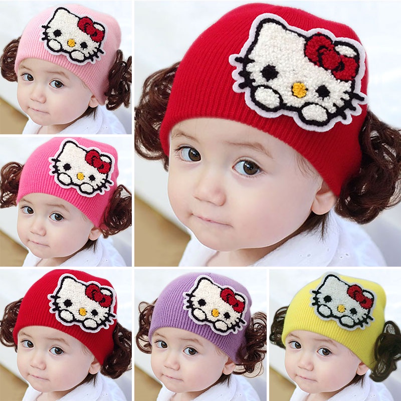 Mũ Beanie Dệt Kim Co Giãn In Họa Tiết Hoạt Hình Mèo Phối Tóc Giả Thời Trang Xuân Thu Cho Bé Sơ Sinh Từ 0-18 Tháng Tuổi