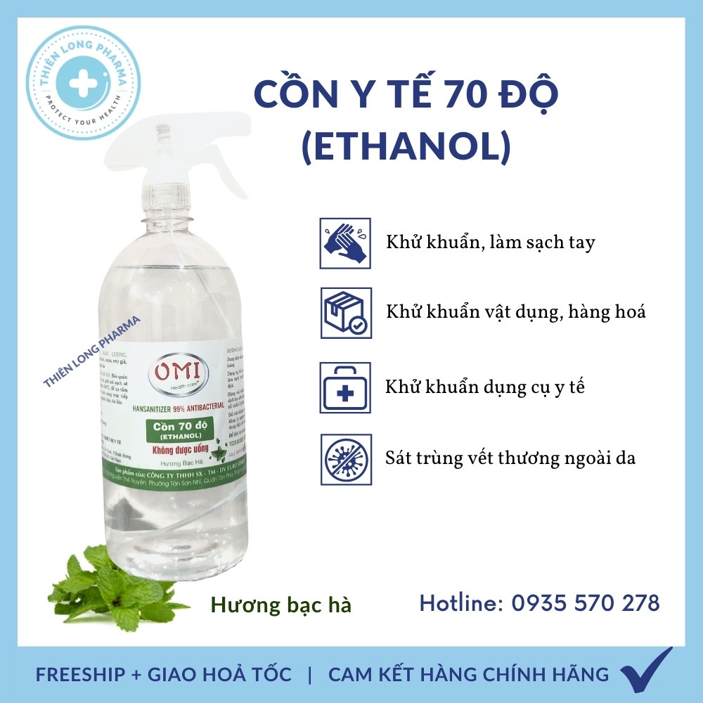 Cồn 70 độ Ethanol 1000ml, cồn y tế xịt diệt khuẩn, rửa tay có vòi xịt Calita