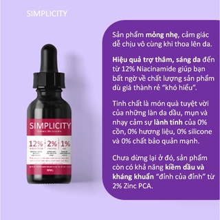 (dược Ấn Độ) Tinh chất trắng da se khít và kiềm dầu Simplicity 12% Niacinamide 2% Zinc PCA