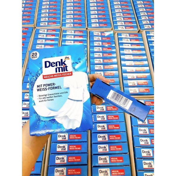 Miếng giặt tẩy quần áo trắng Denkmit giấy tẩy trắng, giữ màu trắng áo quần, hộp 20 tờ