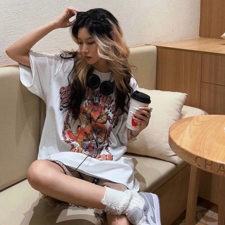 FOCUS Áo phông rộng nữ vintage trắng bigsize áo thun form rộng unisex 100% cotton